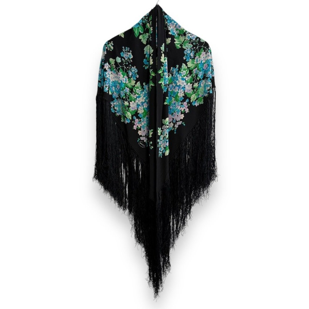 GUCCI Floral print large fringe triangle scarf shawl black x green for women